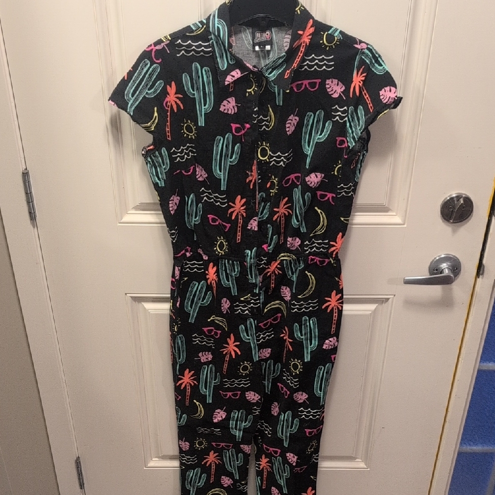 Retrolicious Black Tropical Cactus Print Jumpsuit - FITS LIKE A MEDIUM